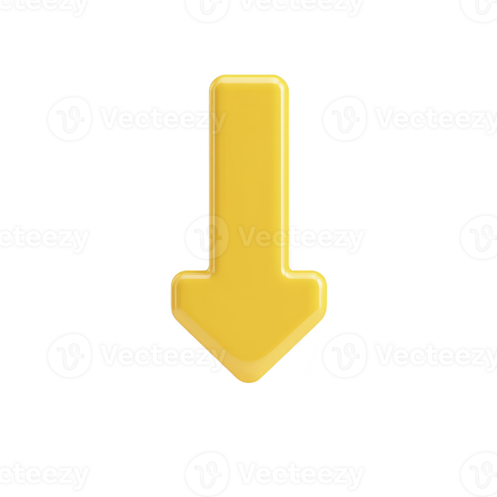 Shiny yellow downward arrow icon with 3D effect, isolated on transparency background, symbolizing direction or navigation png