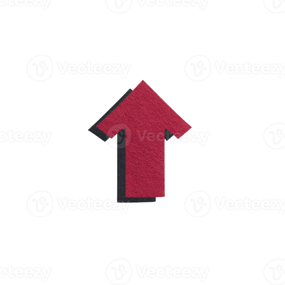 Red textured arrow pointing upwards on plain background, symbolizing direction or progress. shadow adds depth, creating three dimensional effect png