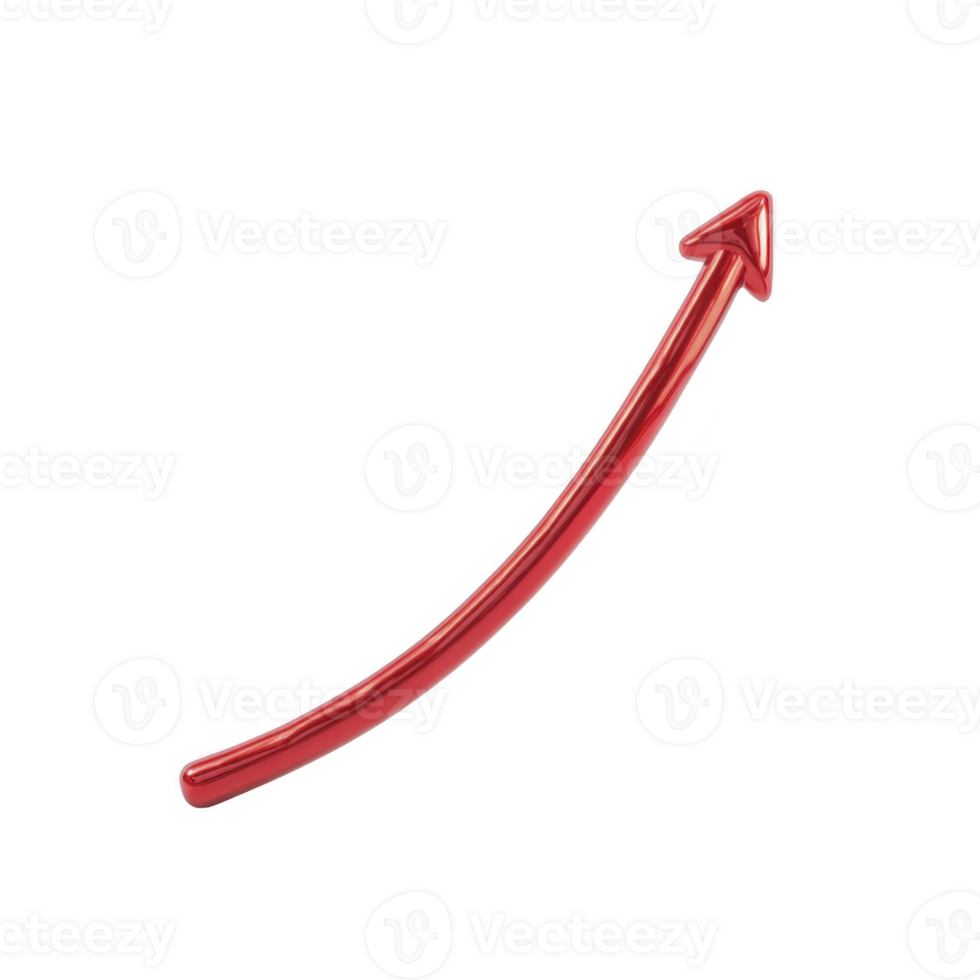 Red upward curved arrow on transparent background symbolizes growth or progress. arrow is sleek and glossy, pointing diagonally upwards, often used in presentations or infographics png