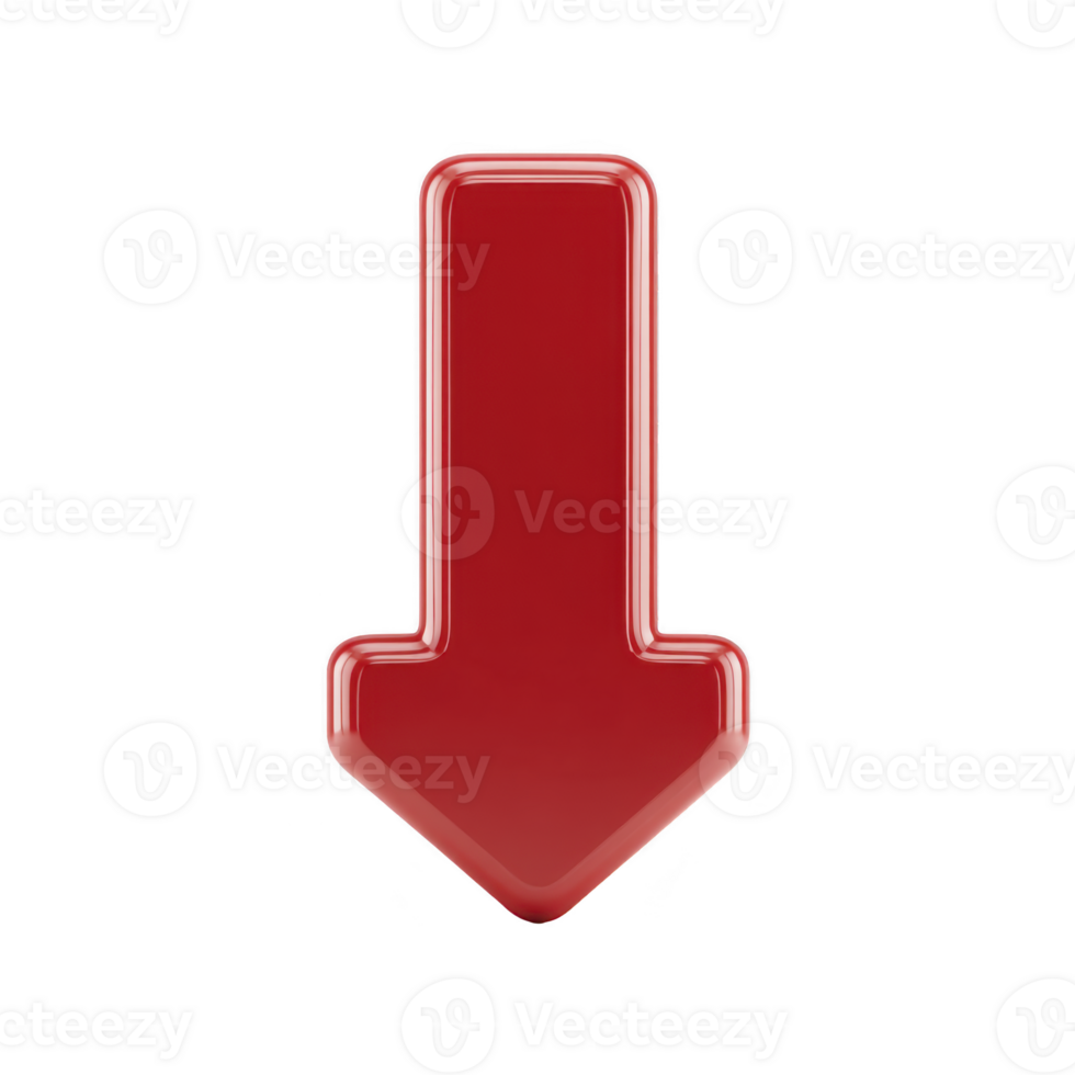 Shiny red 3D arrow pointing downward on transparent background, symbolizing direction or decrease. glossy finish adds modern touch, making it suitable for digital interfaces or presentations png