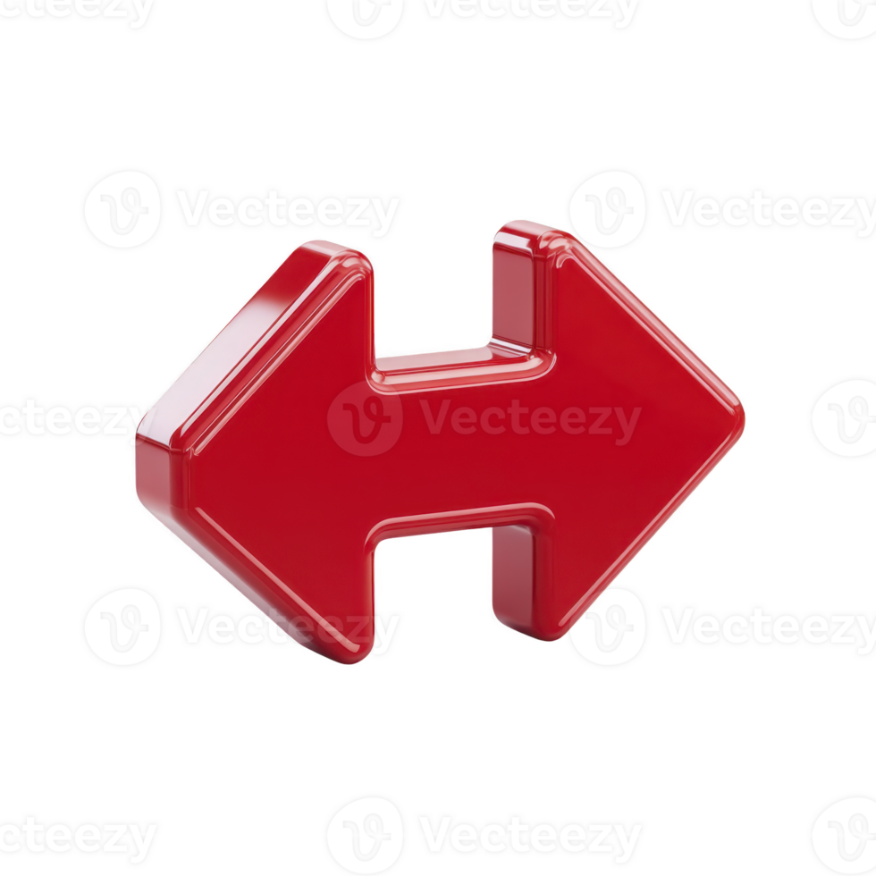 Shiny red 3D double arrow icon pointing left and right, symbolizing direction or choice. glossy finish adds modern and dynamic feel to design png