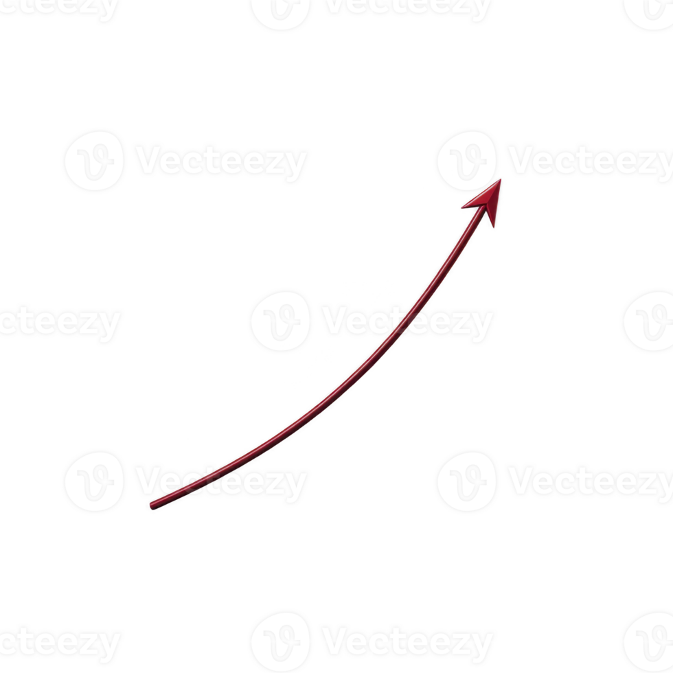 Red curved arrow pointing upwards on transparent background, symbolizing growth or progress. arrow is sleek and simple, ideal for presentations or infographics png
