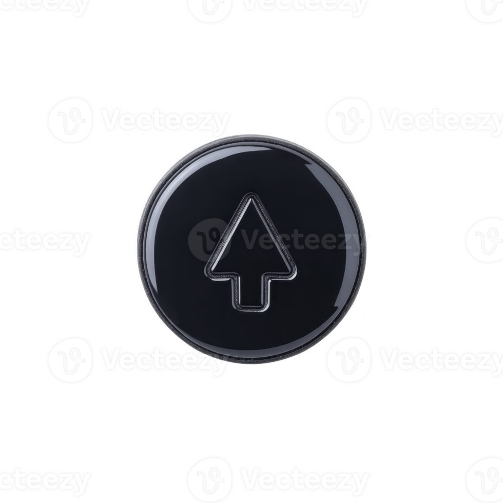 Glossy black circular button with upward arrow symbol in center, representing upload or navigation. sleek design and reflective surface give it modern and tech savvy appearance png