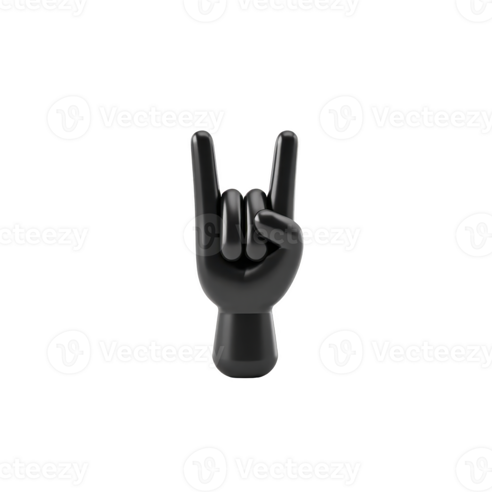Black 3D hand sculpture displays rock on gesture, symbolizing enthusiasm and energy. glossy finish adds modern touch, making it striking decorative piece png