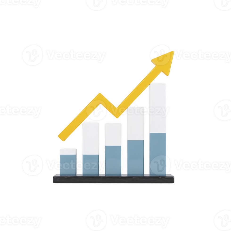 3D bar chart with yellow upward arrow represents growth and success in business analytics. bars are blue and white, indicating data progression png