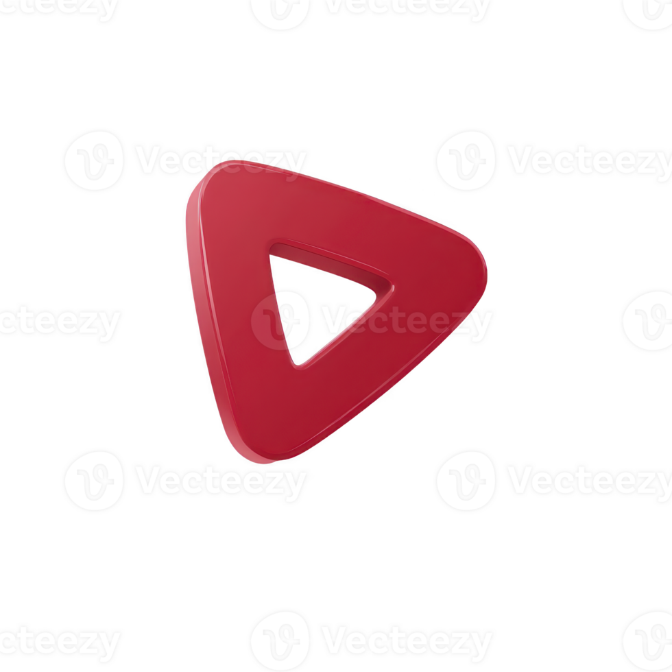Red, triangular play button icon with glossy finish, isolated on transparency background, symbolizing media or content. design is simple and modern png