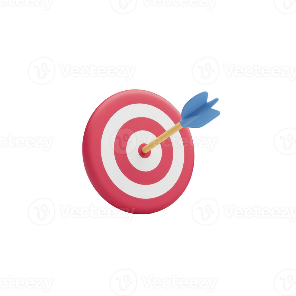 Colorful 3D target with red and white bullseye is struck by blue arrow, symbolizing precision and success png