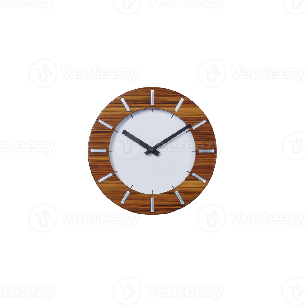 Modern wall clock with wooden frame and minimalist design, featuring white face and black hands. clock sleek style adds contemporary touch to any room png