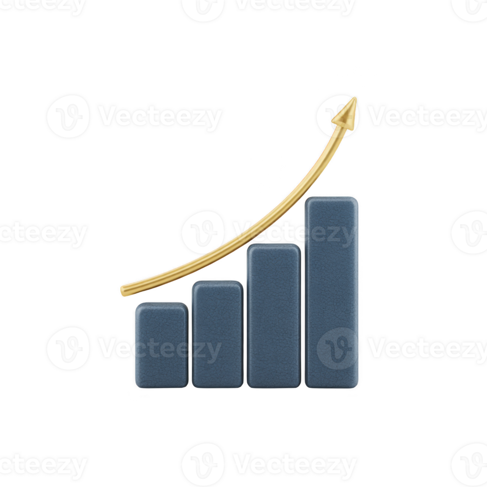 3D bar chart with four ascending blue bars and gold arrow curving upward symbolizes growth and success in business or finance. design is sleek and modern png