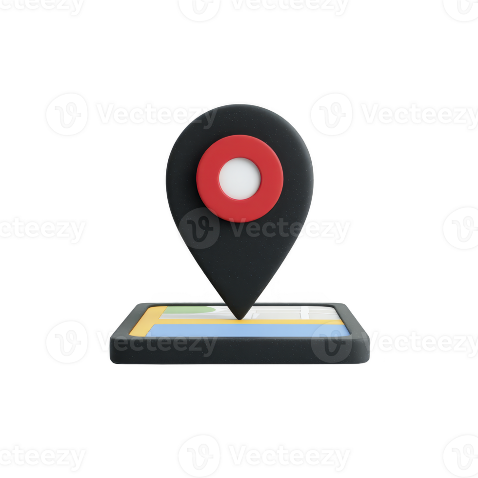 3D illustration of map with red location pin symbolizing navigation and direction. pin is prominently placed on digital map interface, representing GPS technology png