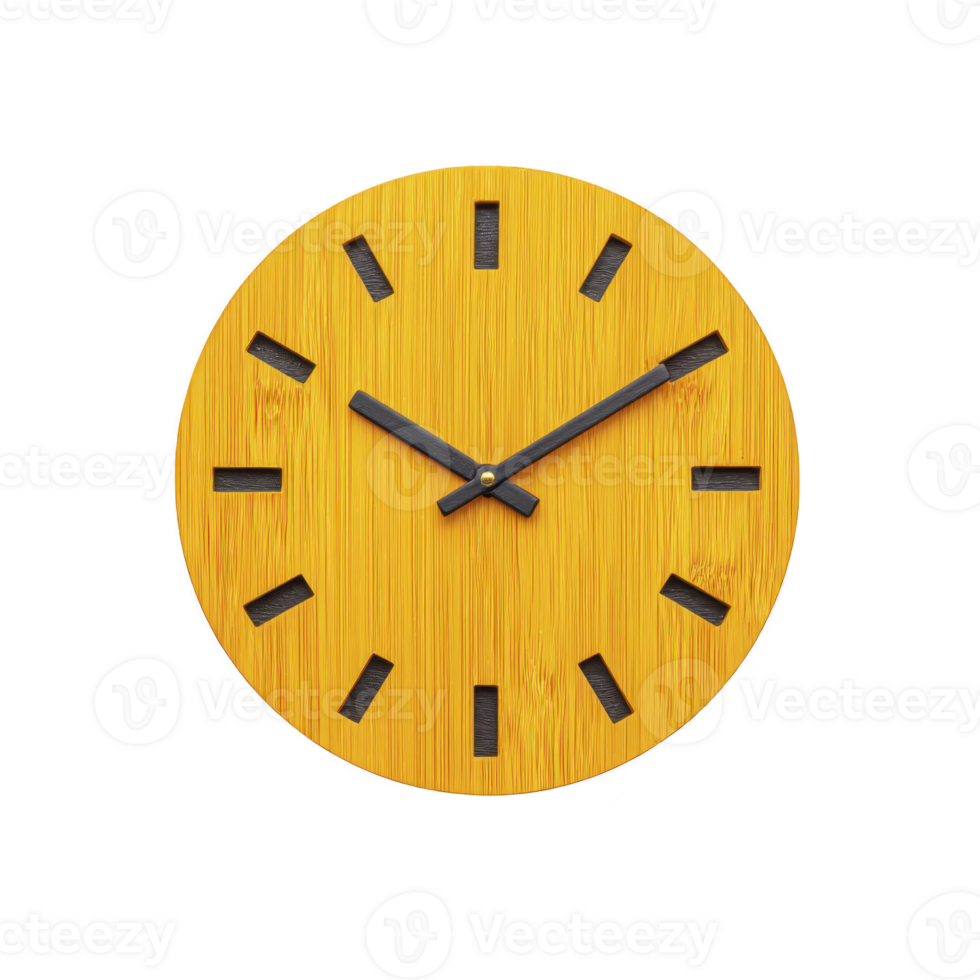 Round wooden wall clock with natural finish features black hour markers and hands, creating minimalist and modern design. clock simplicity adds elegance to any room png