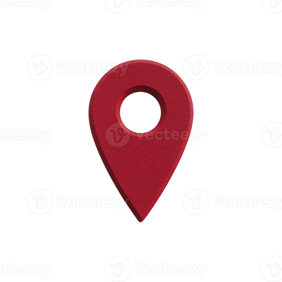 Red 3D location pin icon with circular hole in center, symbolizing navigation and mapping. pin is isolated on transparent background, emphasizing its vibrant color and simple design png
