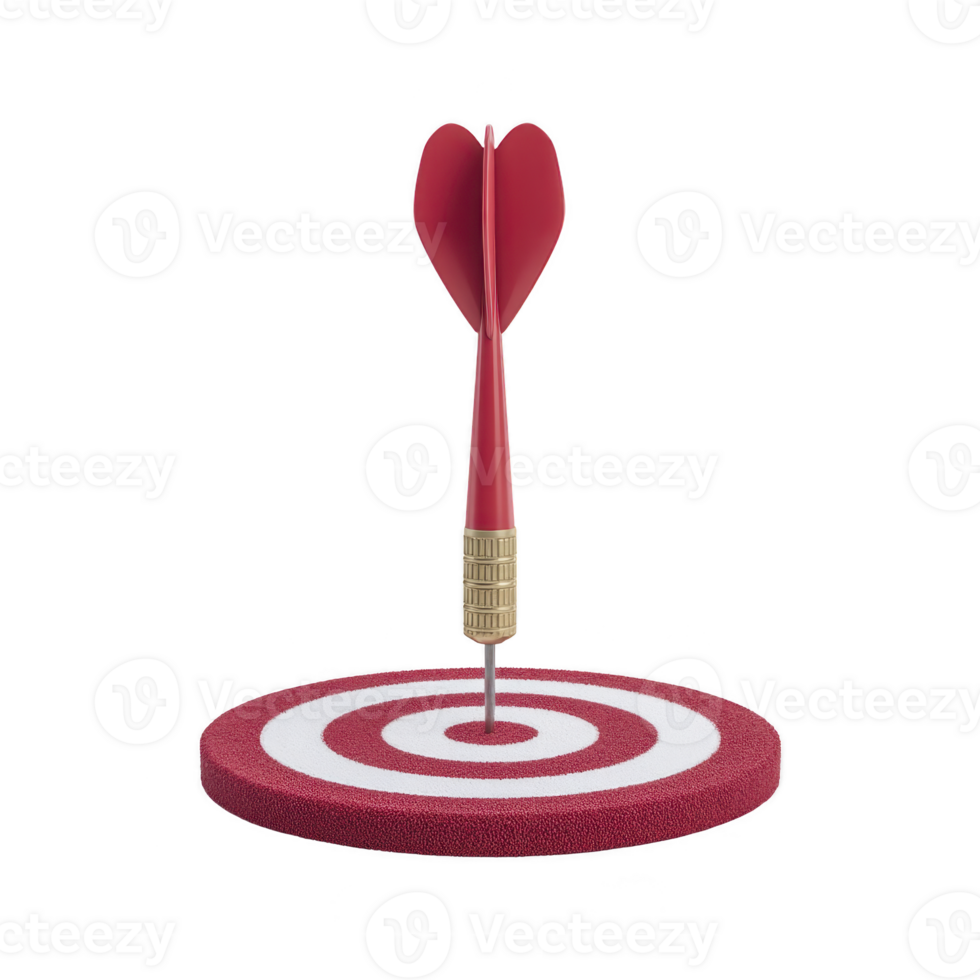 Red dart is perfectly hitting center of red and white target, symbolizing precision and success. dart red flights are heart shaped, adding unique touch to concept of achieving goals png