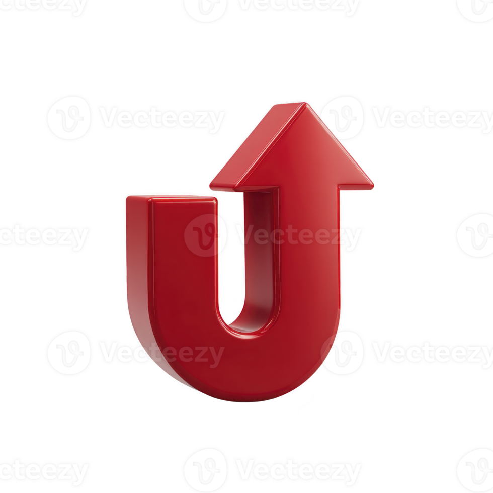 Red 3D U turn arrow symbol stands upright, representing direction change or reversal. glossy finish adds modern touch, making it suitable for navigation or decision making concepts png