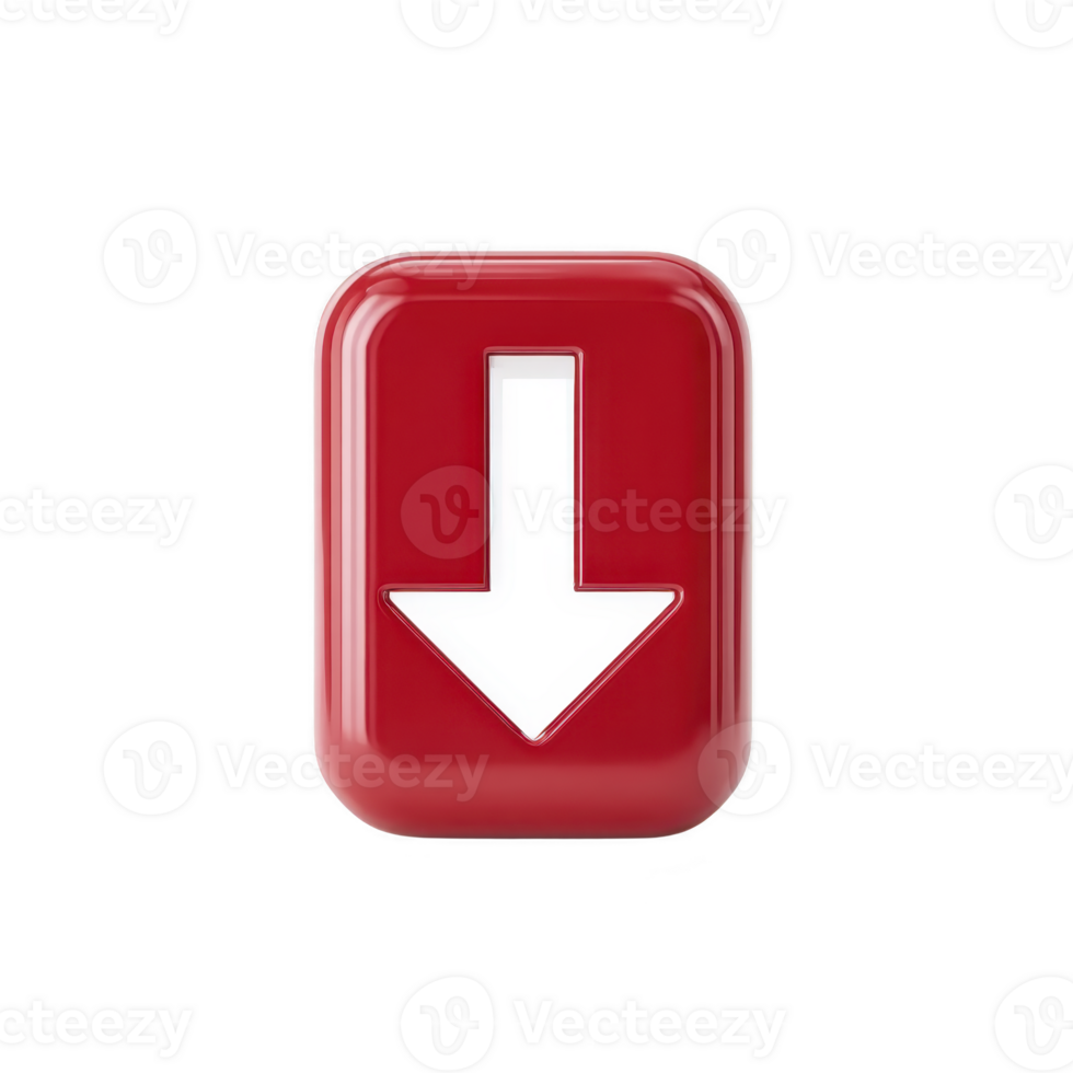 Glossy red button with white downward arrow symbol, representing download or decrease, is isolated on transparency background. button has modern, sleek design png