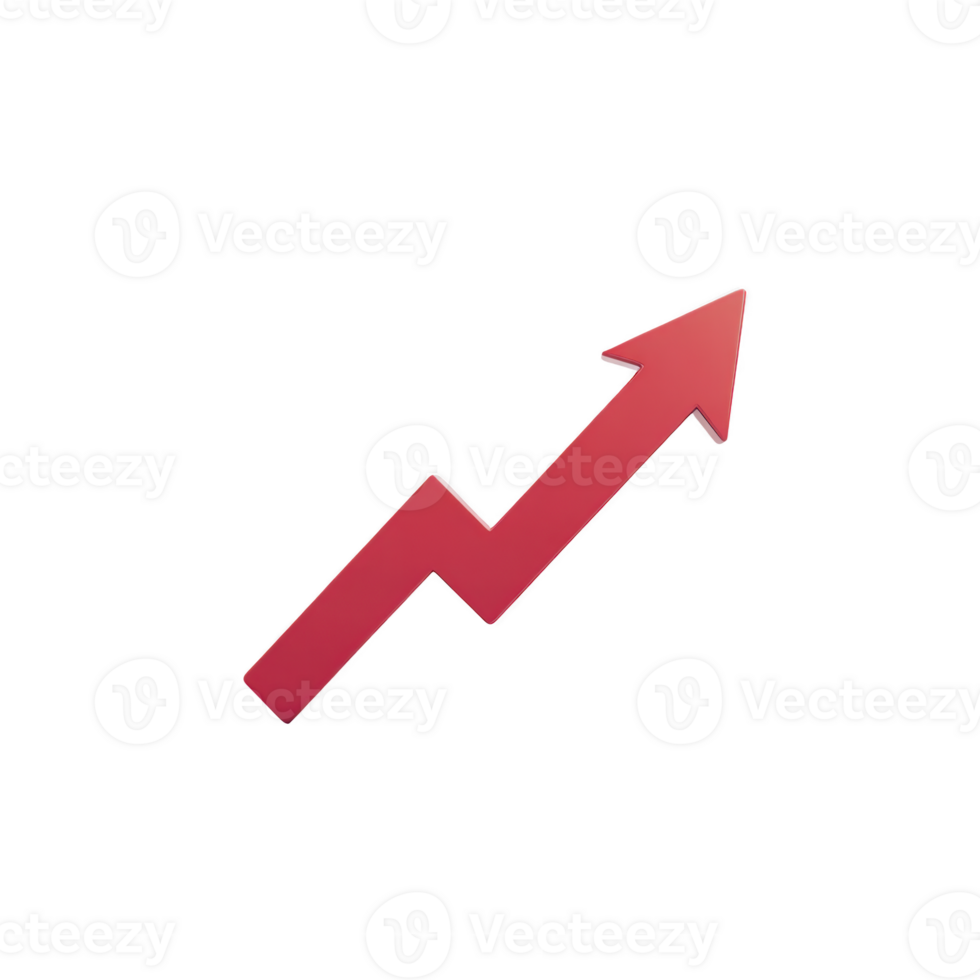 Red upward arrow with zigzag pattern symbolizes growth, progress, or increase in data or statistics. It is often used in business and financial contexts to represent positive trends png