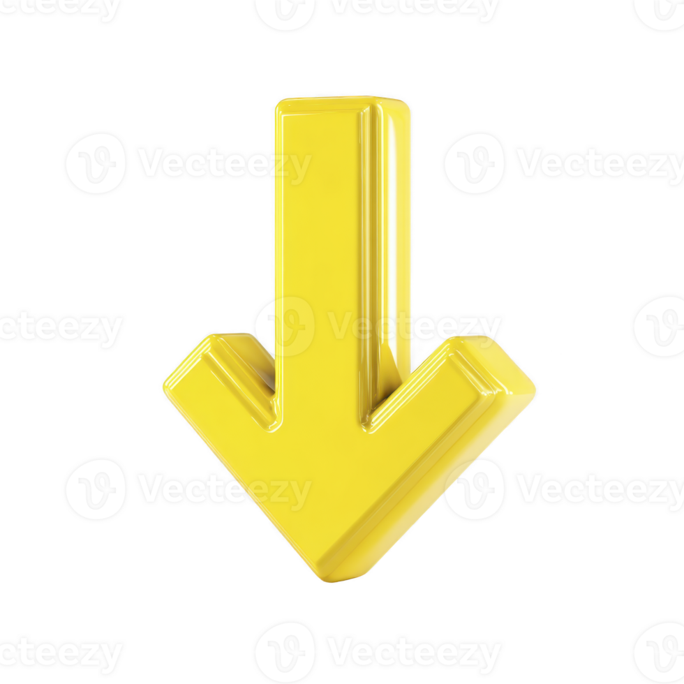 Shiny yellow 3D arrow pointing downward, symbolizing direction or navigation. arrow has glossy finish and bold, modern design, making it eye catching and clear png