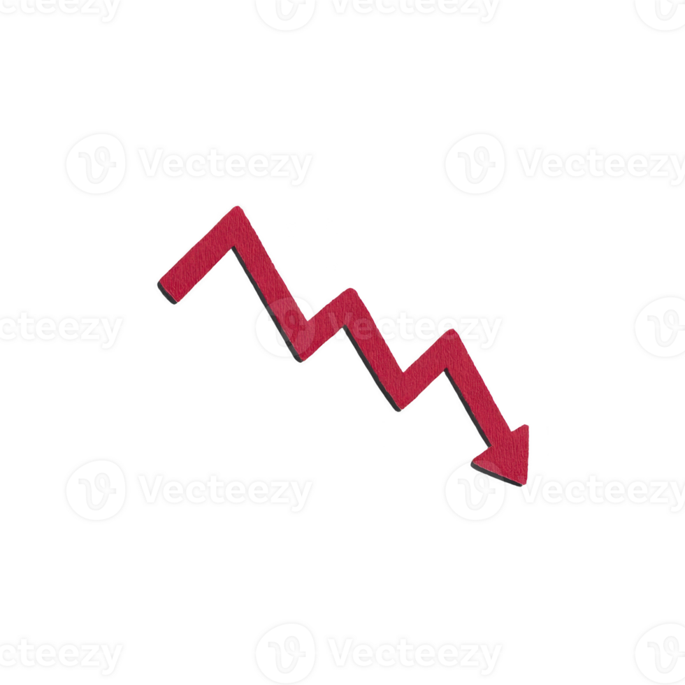 Red zigzag arrow pointing downward symbolizes decrease or decline, often used in financial contexts to represent drop in stock prices or economic downturns png