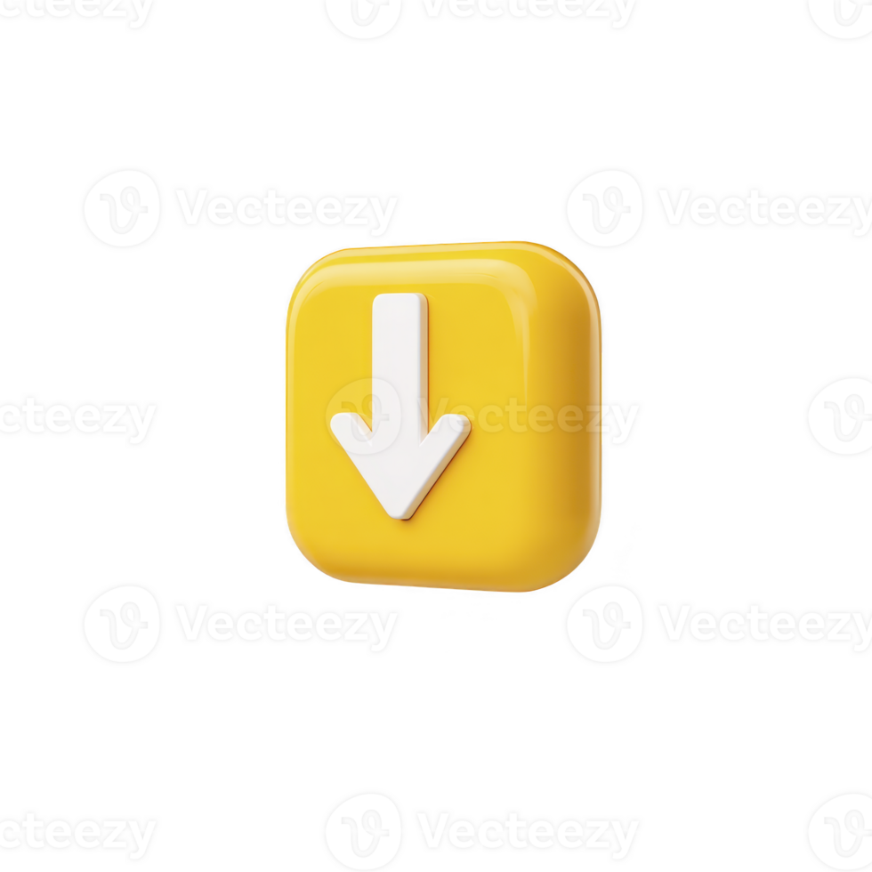 3D yellow square icon with white downward arrow in center, symbolizing download or navigation. glossy finish gives it modern and sleek appearance png