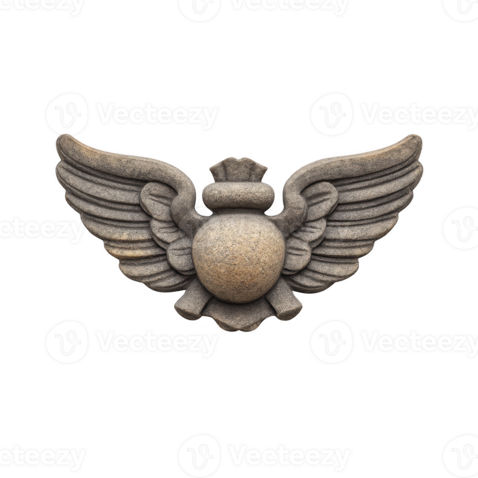 Stone sculpture of winged emblem with central circular element and intricate details, evoking sense of ancient artistry and craftsmanship png