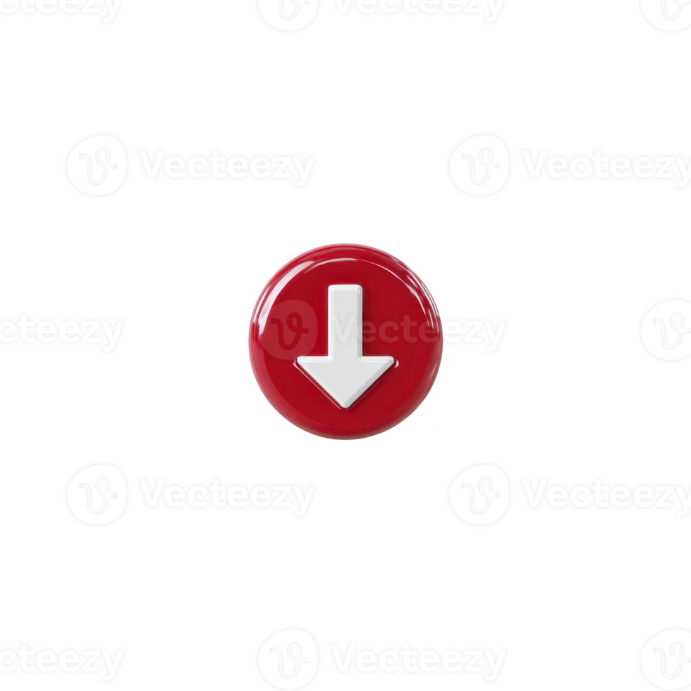 Red circular button with white downward arrow symbol, representing download or navigation. glossy finish adds modern touch, making it suitable for digital interfaces png