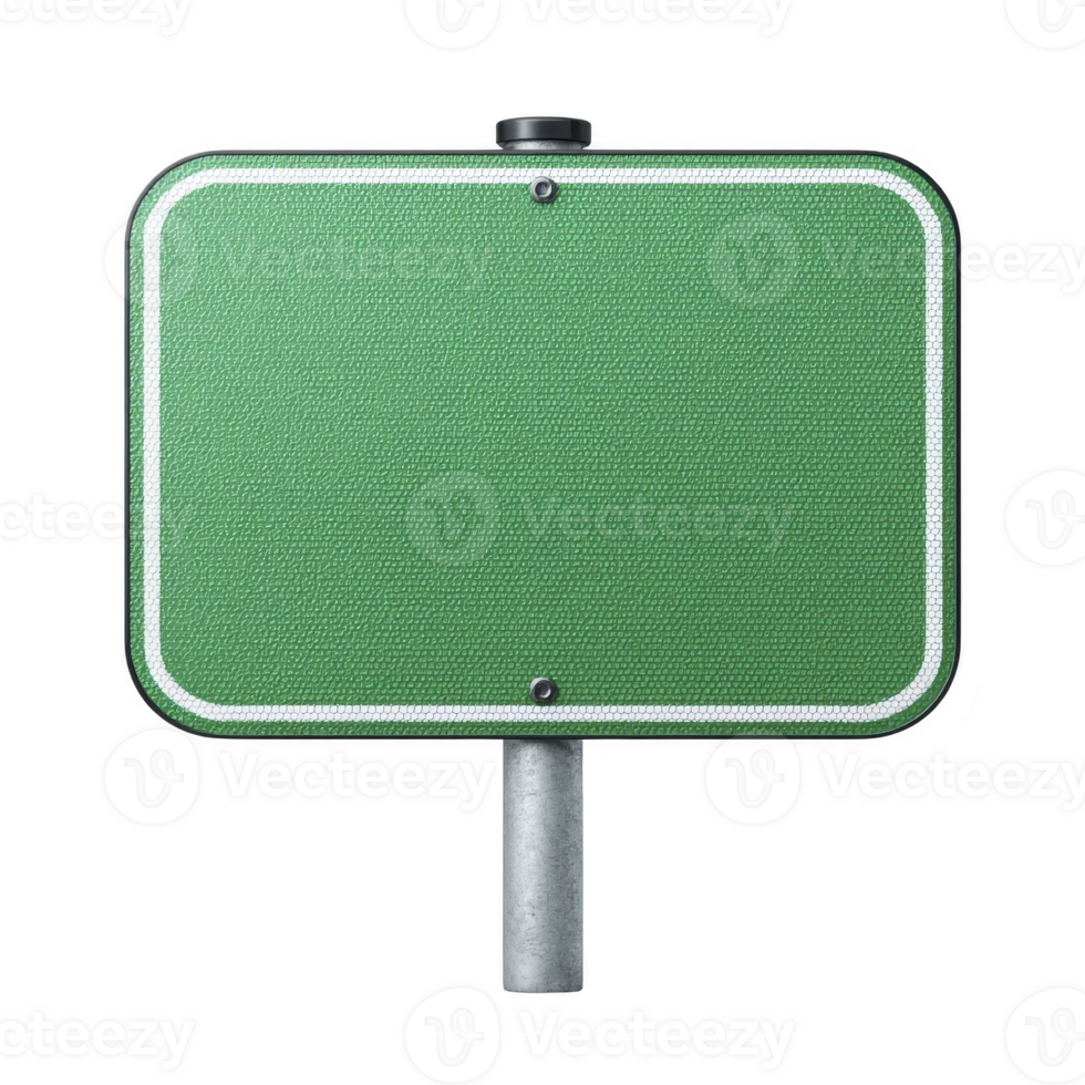 Blank green road sign with metallic post stands against transparency background, ready for customization. sign reflective surface is bordered by white outline, enhancing visibility png