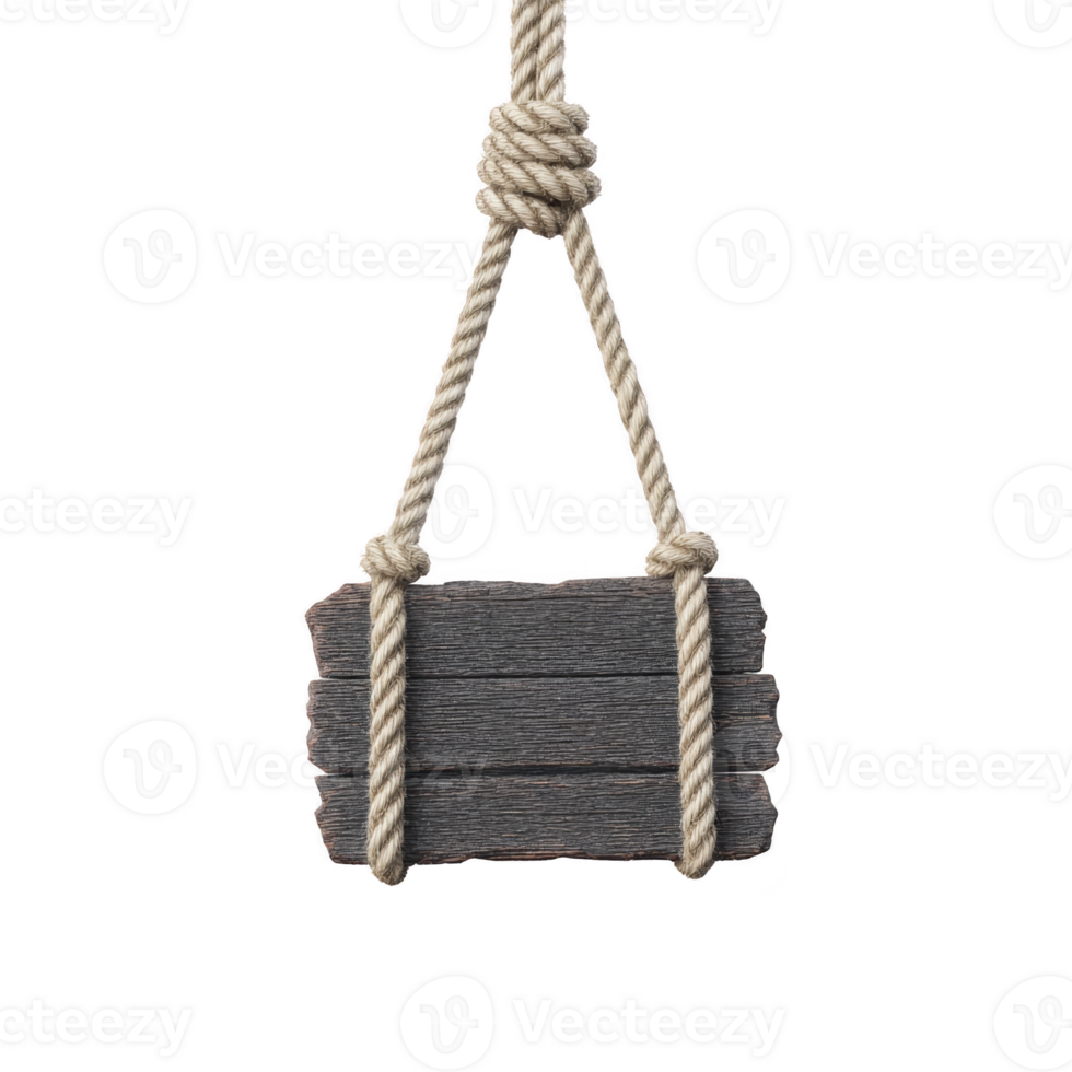 Rustic wooden sign hangs from thick, knotted rope, evoking sense of vintage charm and simplicity. dark wood planks are bound together, creating blank canvas for personalized messages png
