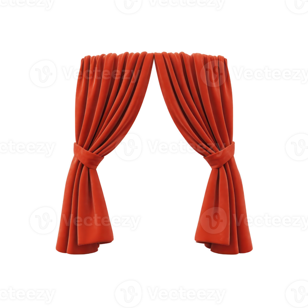 Red velvet curtains tied back elegantly, creating luxurious and dramatic effect. rich texture and vibrant color add touch of sophistication to any interior space png