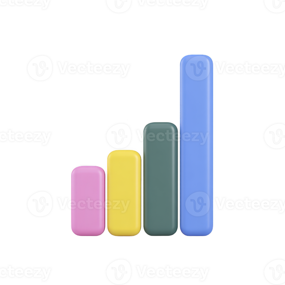 Colorful 3D bar chart with four vertical bars in pink, yellow, green, and blue, representing data visualization and statistical analysis. bars are arranged in ascending order png