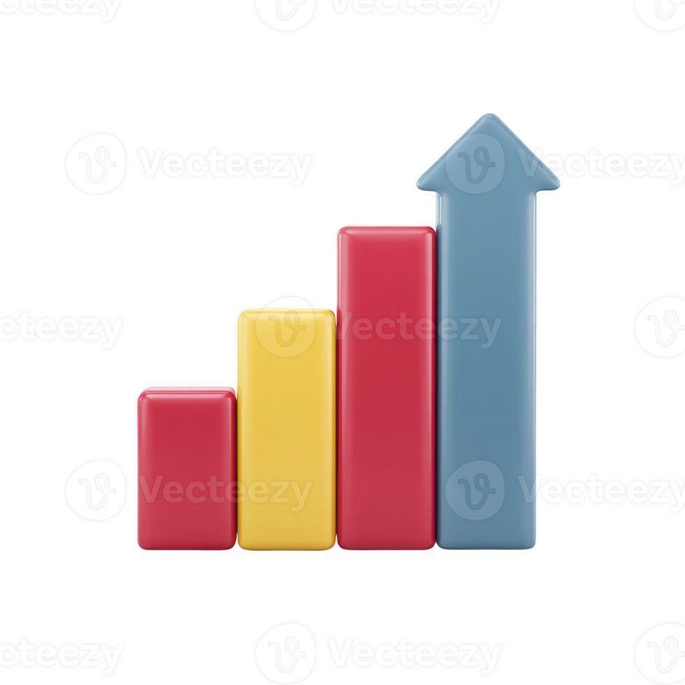 Colorful 3D bar graph with ascending bars in red, yellow, and blue, symbolizing growth and progress. tallest bar is shaped like arrow pointing upwards, indicating positive trends png