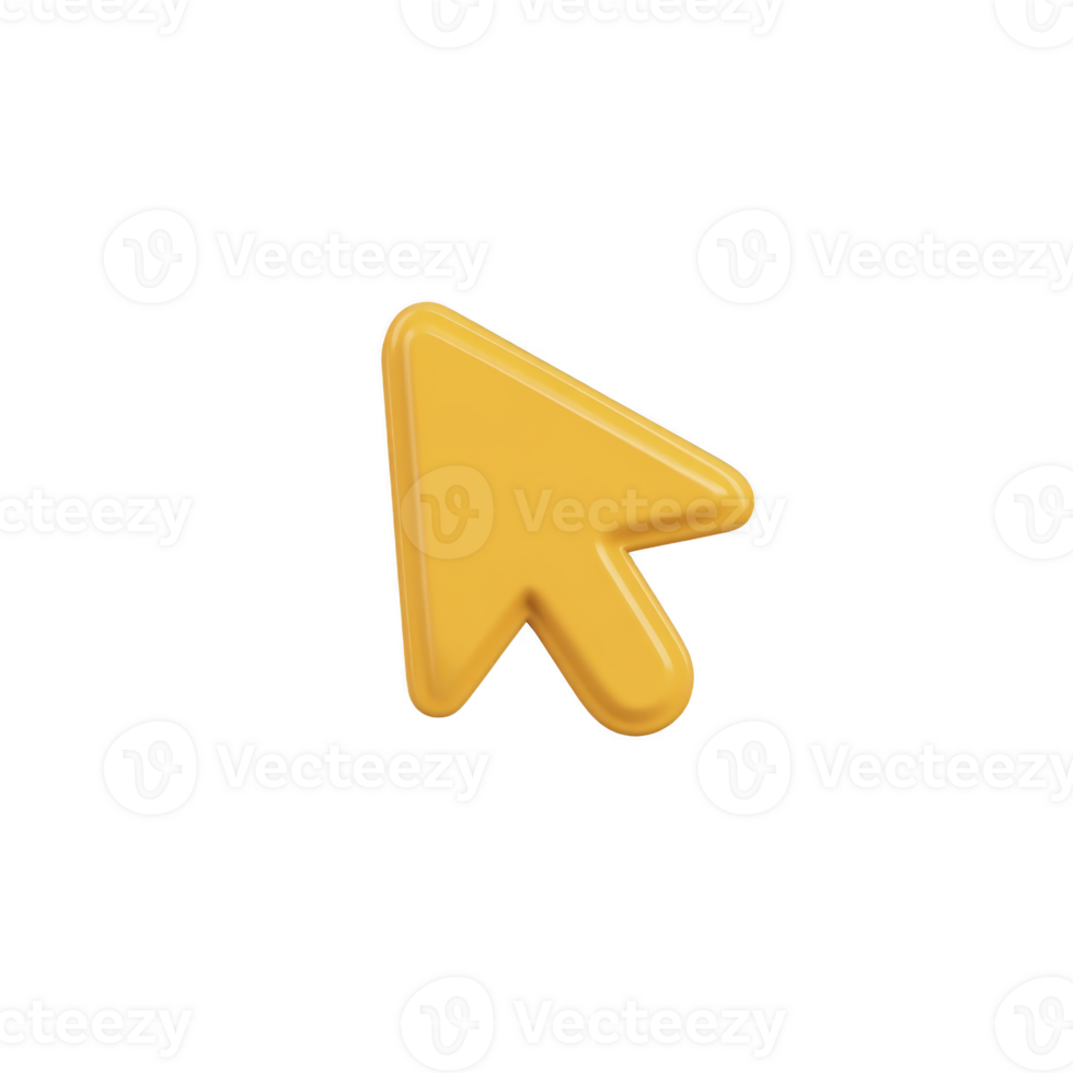 3D yellow arrow cursor icon on transparency background, symbolizing navigation or selection in digital interfaces. arrow is stylized and glossy, giving it modern and playful appearance png