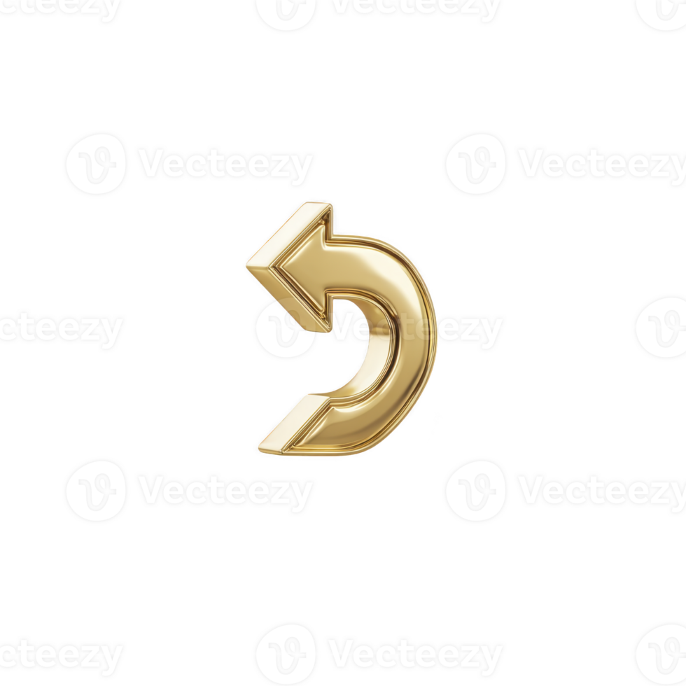 Shiny gold 3D arrow icon pointing left, symbolizing return or undo action. metallic finish gives it luxurious and modern appearance, suitable for digital interfaces or design elements png