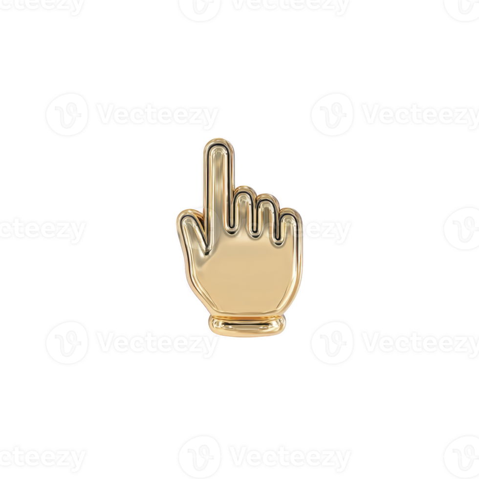 Shiny gold hand icon with upward pointing index finger, symbolizing cursor or pointer. design is sleek and modern, often used in digital interfaces to indicate selection or interaction png