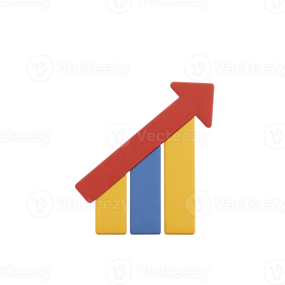 Colorful bar graph with upward arrow symbolizes growth and success. bars are in red, yellow, and blue, representing progress and positive trends png