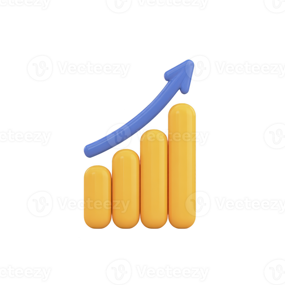3D illustration of yellow bar chart with upward blue arrow symbolizes growth and success in business or finance. vibrant colors and simple design convey positive trend png