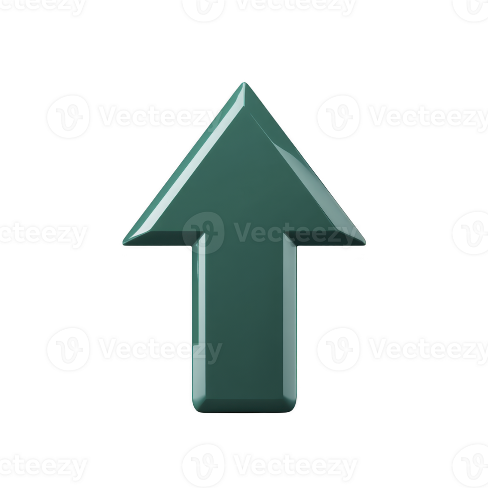 Shiny green 3D arrow pointing upwards, symbolizing growth and progress. arrow has glossy finish and stands out against plain background, conveying sense of direction and positivity png