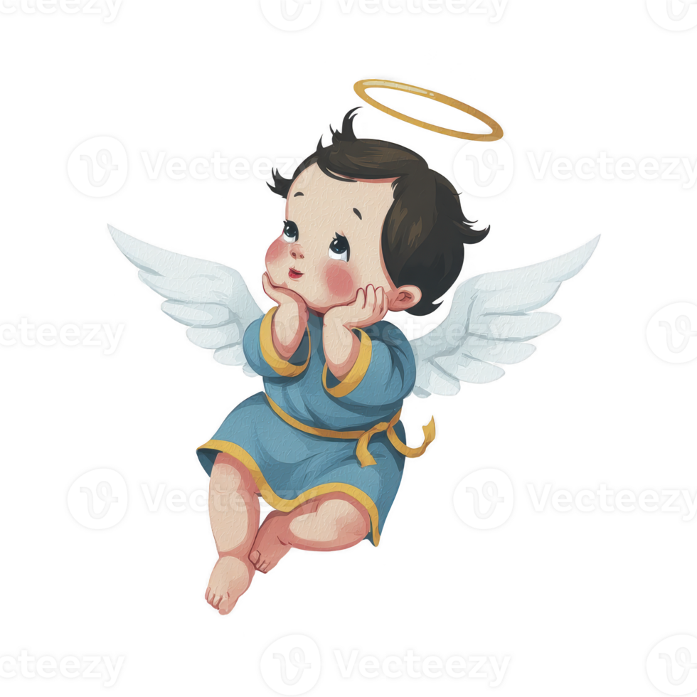 Cute cherubic angel with halo and wings is depicted in thoughtful pose, wearing blue robe. illustration conveys innocence and wonder, perfect for themes of spirituality and imagination png