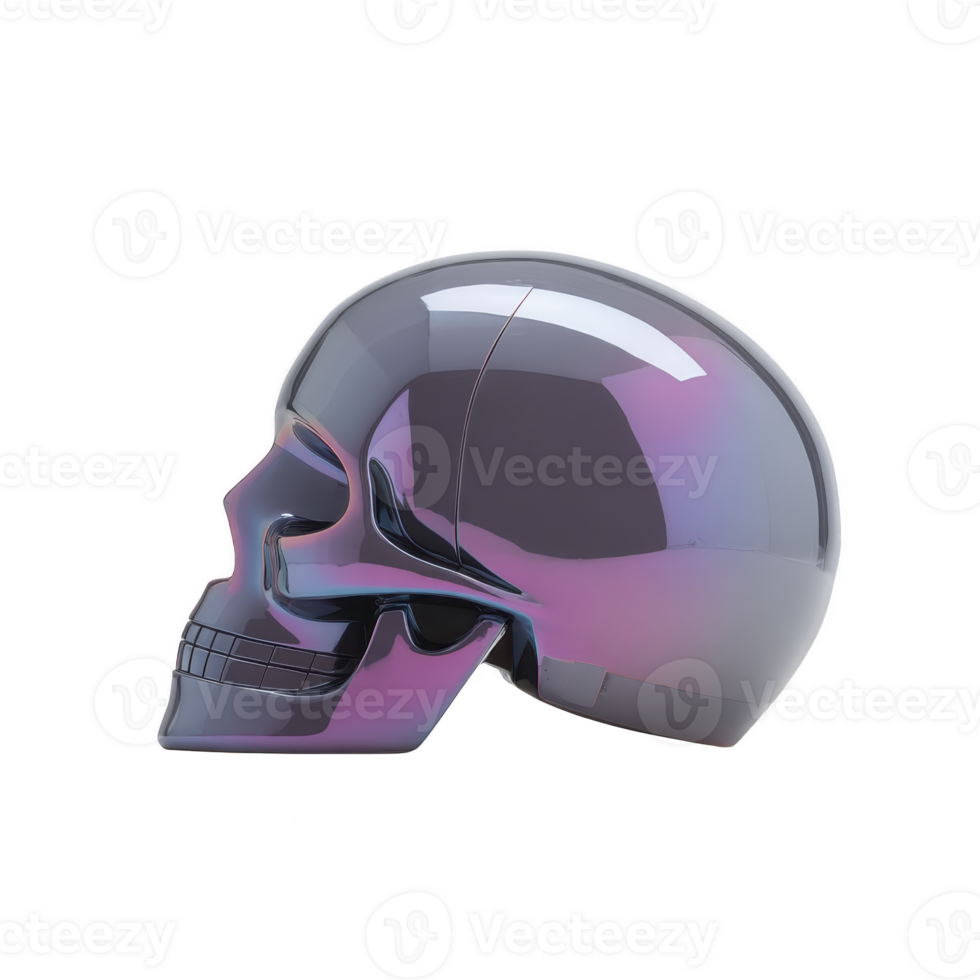 Reflective, iridescent skull sculpture with futuristic design, showcasing gradient of purple and blue hues. smooth, glossy surface adds modern and artistic touch png