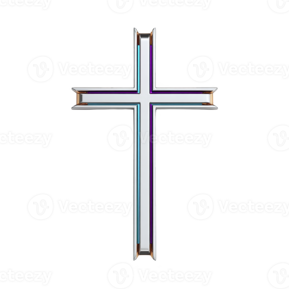 Metallic cross with reflective surface and purple accents stands against transparency background, symbolizing faith and spirituality. design is sleek and modern png