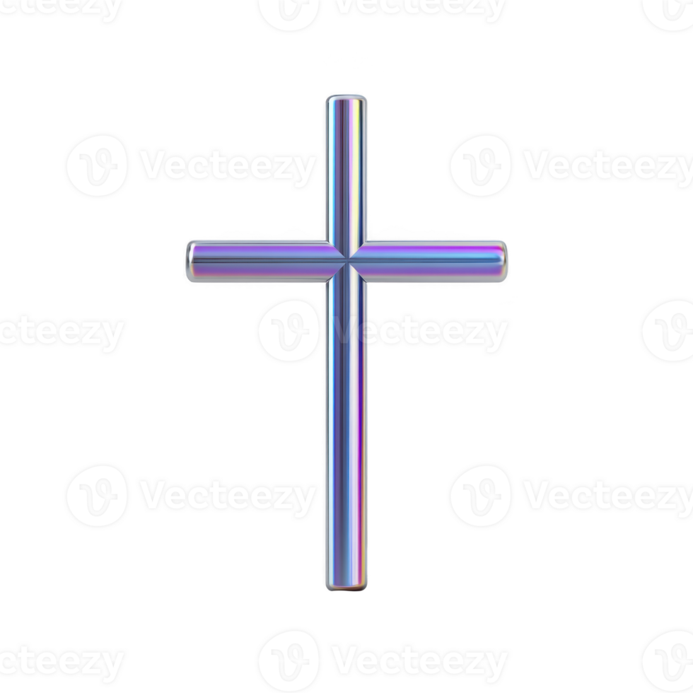 Shiny metallic cross with reflective surface, displaying hues of blue and purple, stands against plain background. cross has sleek, modern design, symbolizing faith and spirituality png