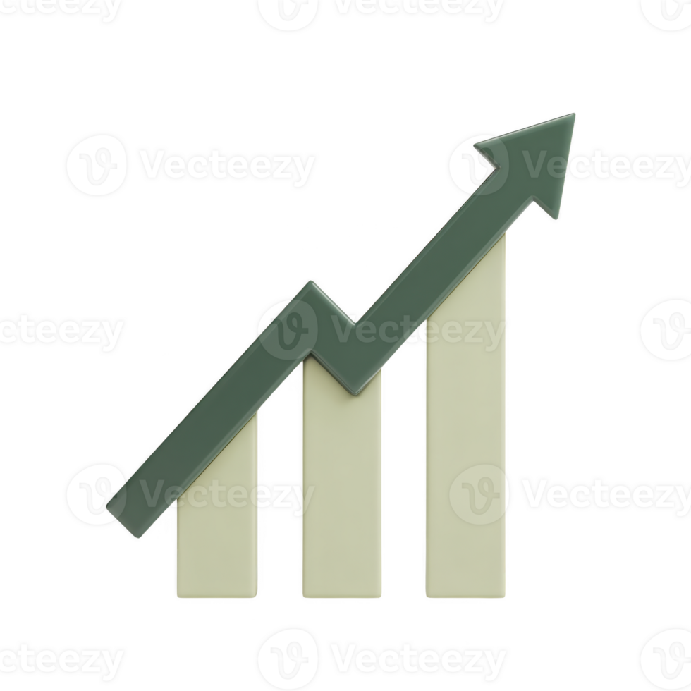 3D bar graph with upward arrow symbolizes growth and success, featuring three vertical bars and zigzag arrow pointing upwards. design is simple and modern png