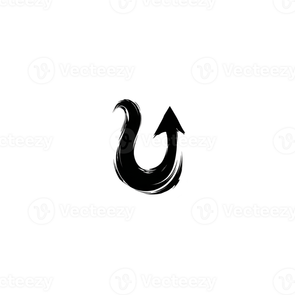 Black, abstract arrow design with curved, artistic style is set against plain background, conveying sense of movement and direction. brushstroke texture adds dynamic and creative touch png