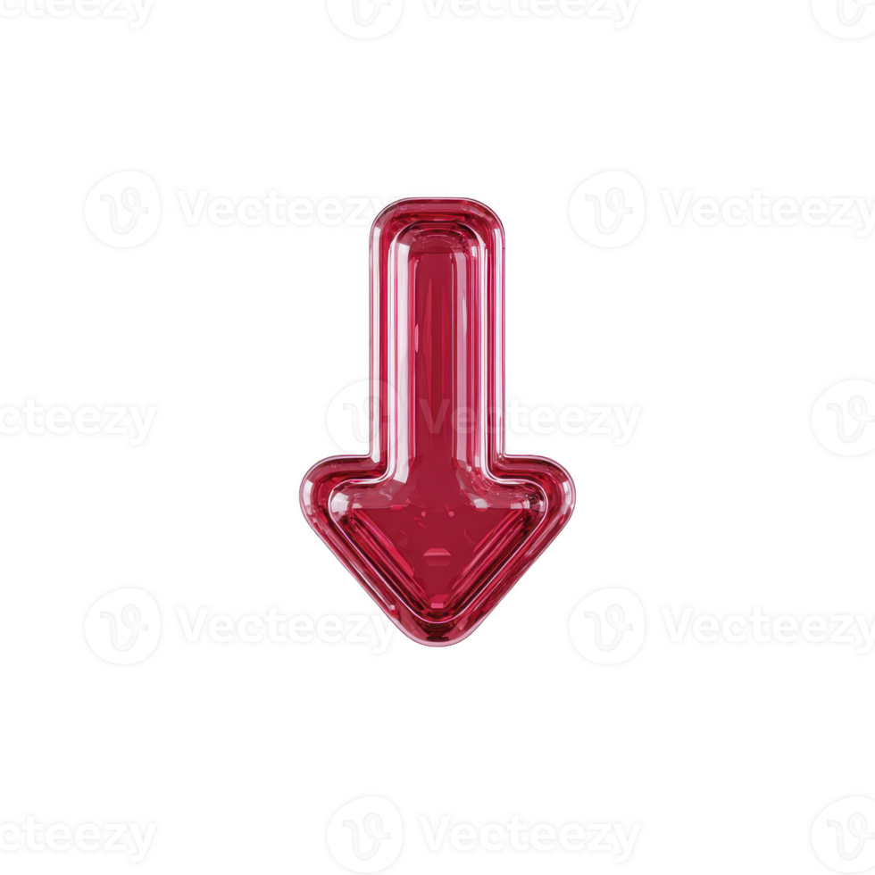 Shiny red 3D arrow pointing downward on transparency background, symbolizing direction or navigation. glossy finish adds modern and sleek look to design png