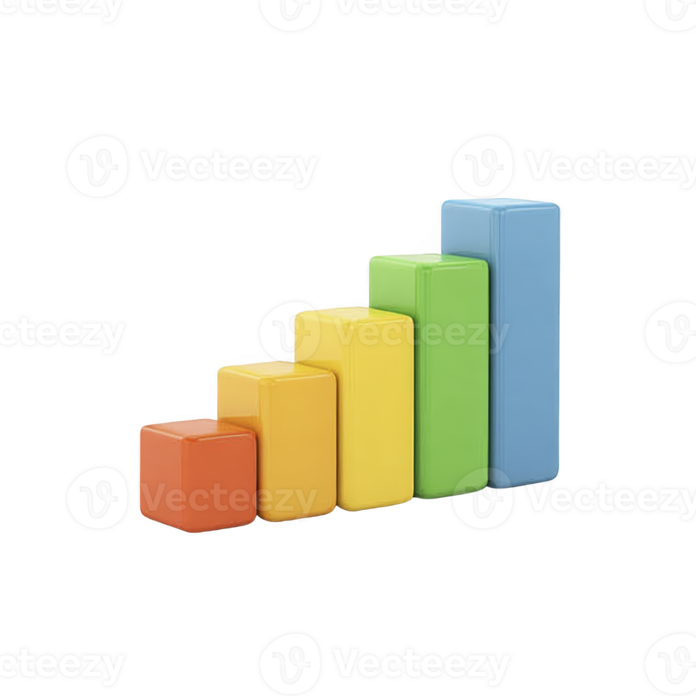 Colorful 3D bar graph with five ascending blocks orange, yellow, green, and blue, representing data growth or progress. vibrant design is ideal for business presentations or educational purposes png