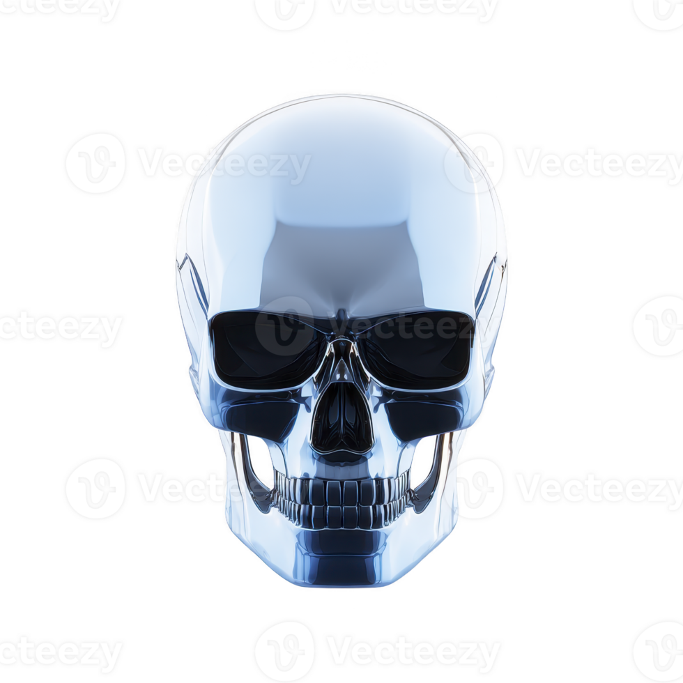 Shiny metallic skull with reflective surface, isolated on transparency background, creates futuristic and eerie atmosphere. smooth, polished finish adds modern touch to classic skull shape png