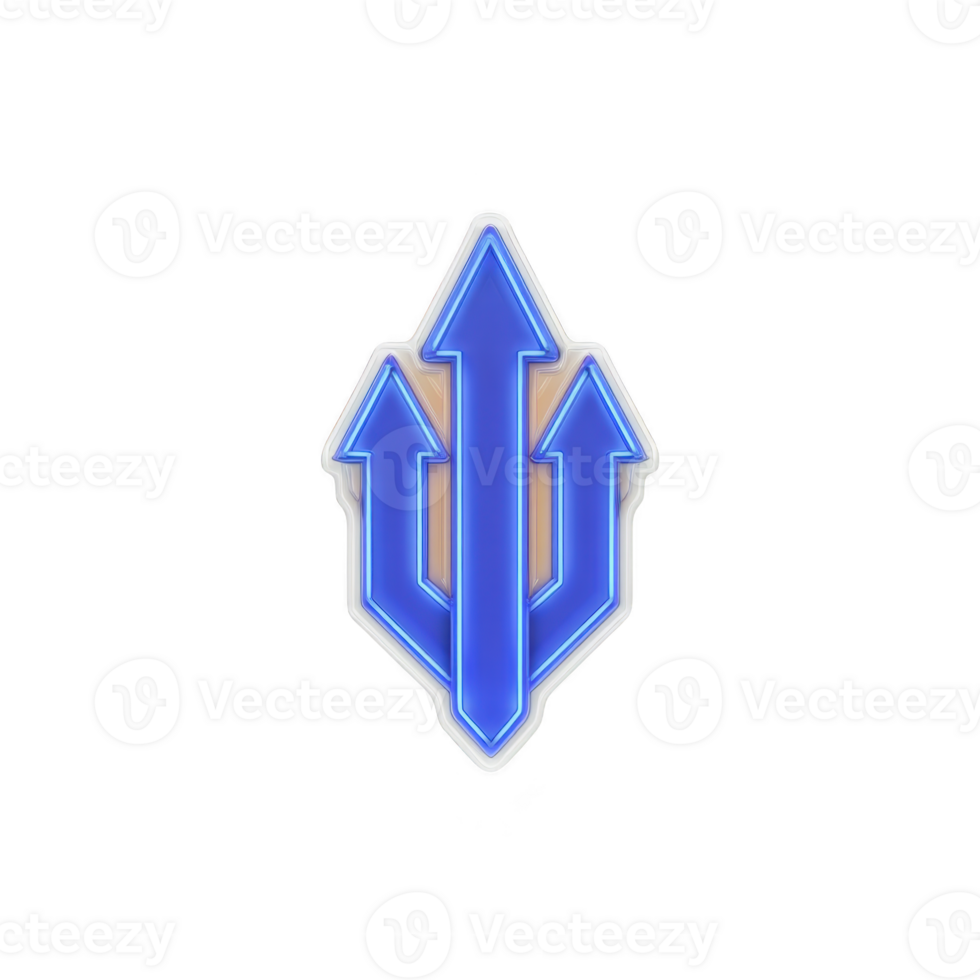Glowing blue trident symbol with three arrows pointing upwards, set against transparent background. design is sleek and modern, conveying sense of direction and power png