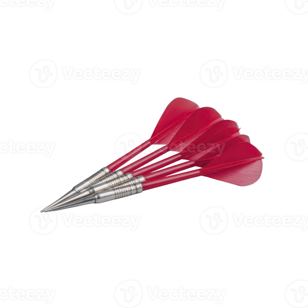 Set of three red darts with metallic tips and shafts, arranged in row on plain background. vibrant red flights contrast with shiny metal, creating dynamic and focused appearance png