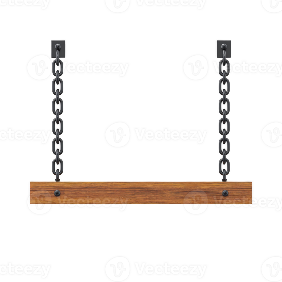 Wooden signboard hangs from two black metal chains, creating rustic and inviting appearance. simple design is ideal for adding personalized text or artwork png