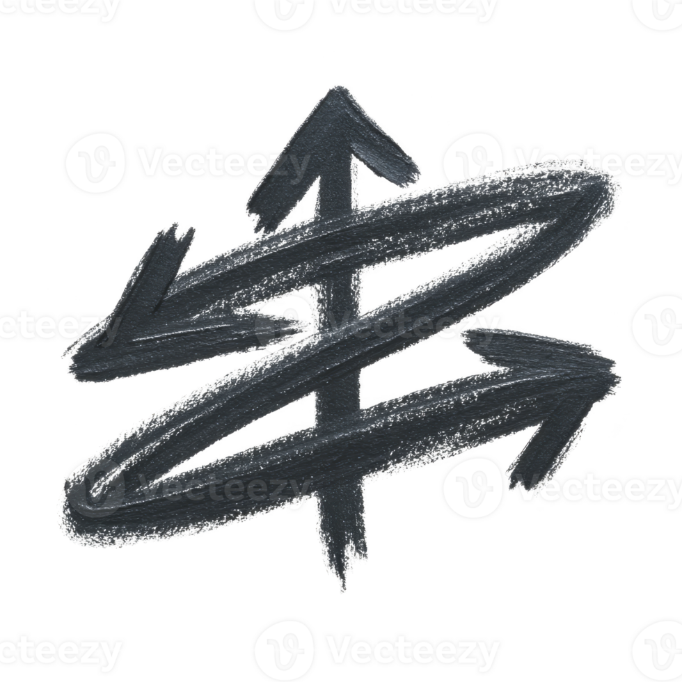 Hand drawn, chalk style illustration of zigzag arrow pointing in multiple directions, symbolizing confusion or multiple choices. black and white design adds sketchy, artistic feel png