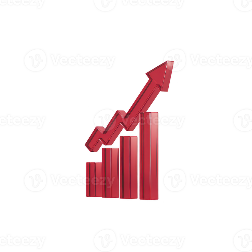 Red 3D bar graph with upward arrow symbolizes growth and success in business or finance. glossy finish adds modern touch, making it ideal for presentations png